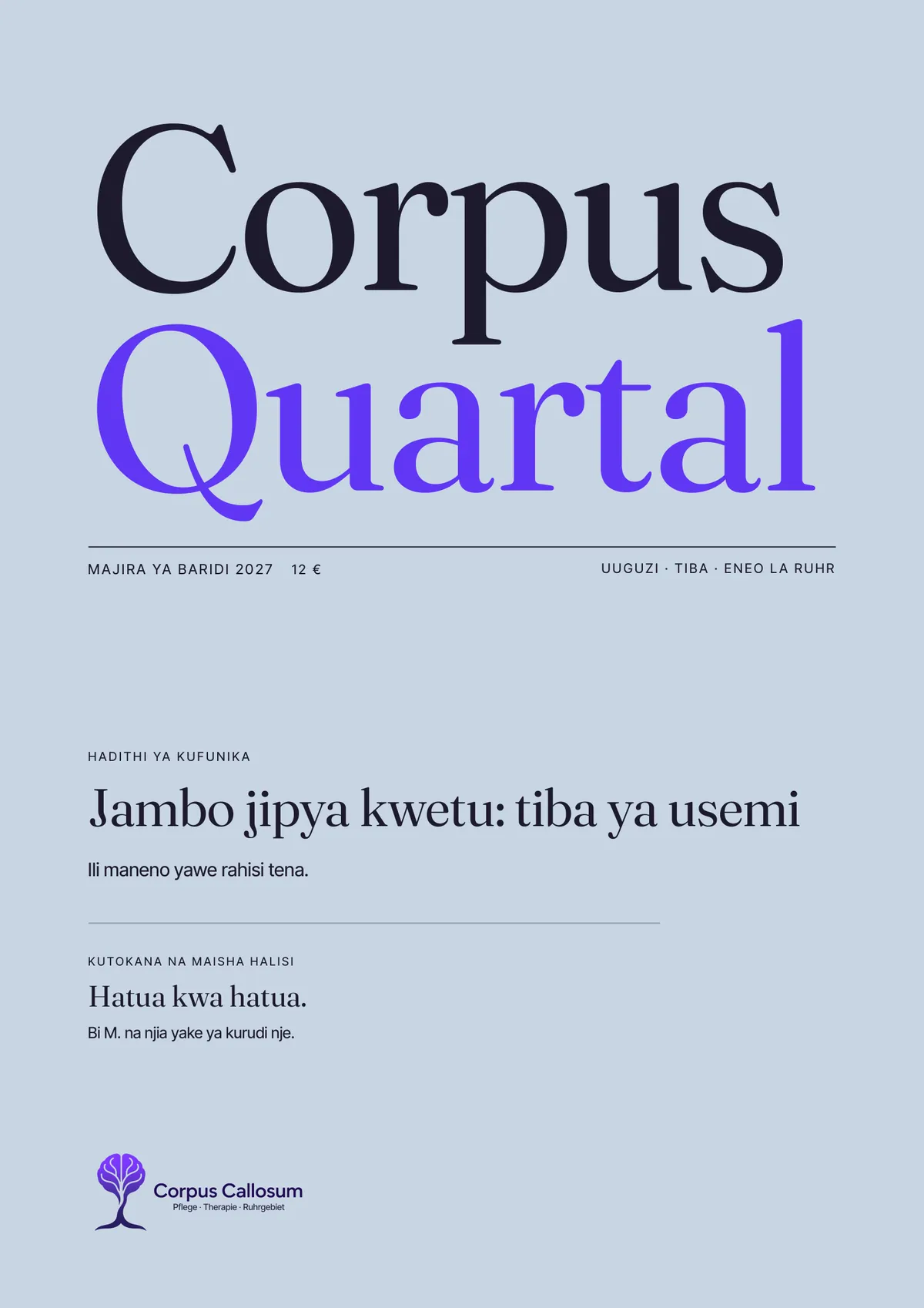 Cover ya Corpus Quartal, toleo 01, Majira ya baridi 2027: Jambo jipya kwetu: tiba ya usemi